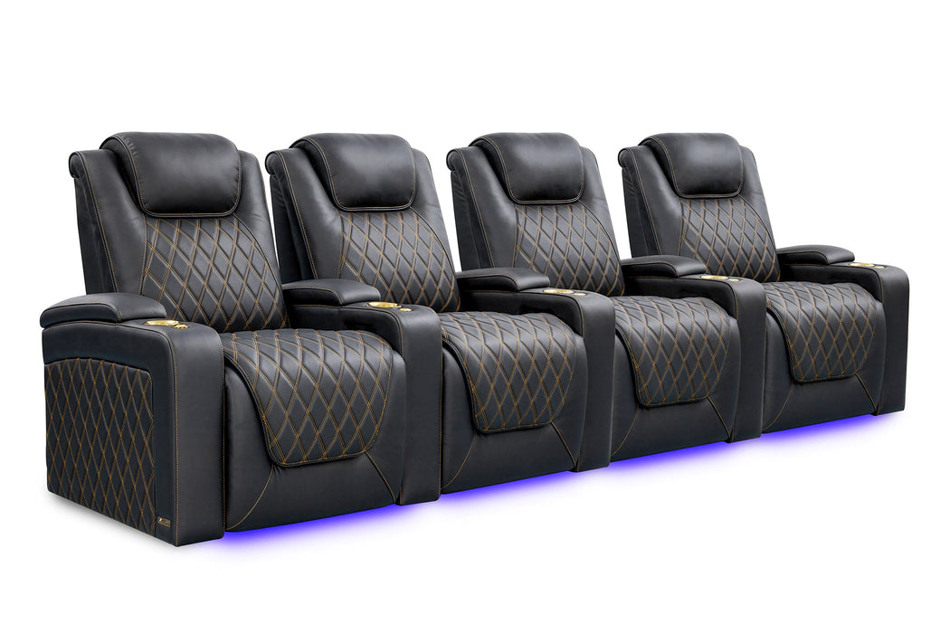 Valencia Oslo Ultimate Luxury Edition Home Theater Seating Valencia Theater Seating Onyx with Gold Stitching Row of 4 | Width: 130.75" Height: 44.5" Depth: 38" 