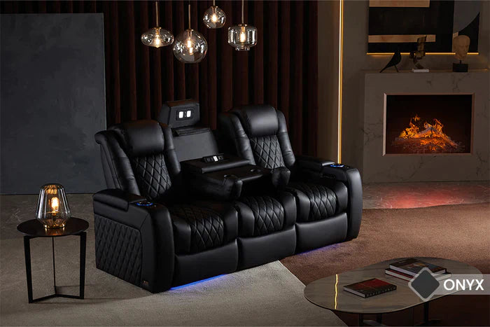 Valencia Tuscany Luxury Edition with Drop Down Console Set of 3 Home Theater Seating Valencia Theater Seating Onyx Row of 3 with Dropdown Center | Width: 85.5" Height: 43.5" Depth: 40" 