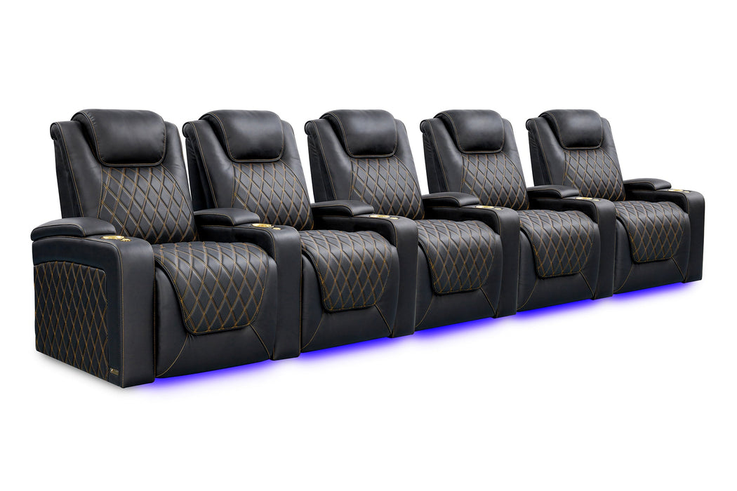 Valencia Oslo Ultimate Luxury Edition Home Theater Seating Valencia Theater Seating Onyx with Gold Stitching Row of 5 | Width: 161.75" Height: 44.5" Depth: 38" 