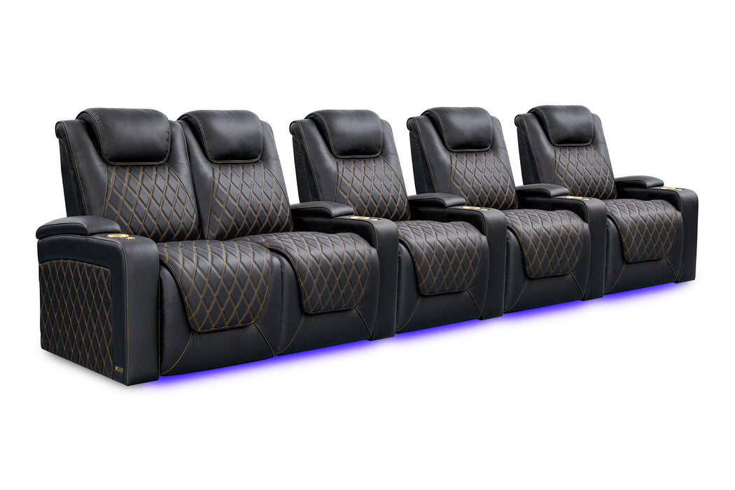 Valencia Oslo Ultimate Luxury Edition Home Theater Seating Valencia Theater Seating Onyx with Gold Stitching Row of 5 - Loveseat Left | Width: 155" Height: 44.5" Depth: 38" 