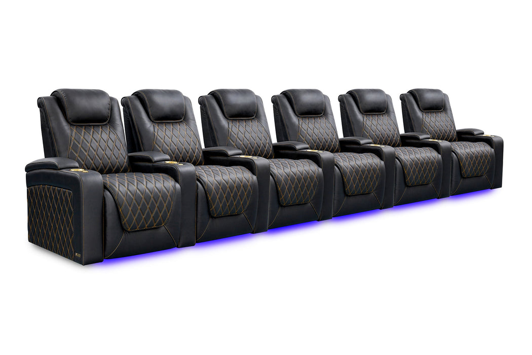 Valencia Oslo Ultimate Luxury Edition Home Theater Seating Valencia Theater Seating Onyx with Gold Stitching Row of 6 | Width: 192.75" Height: 44.5" Depth: 38" 