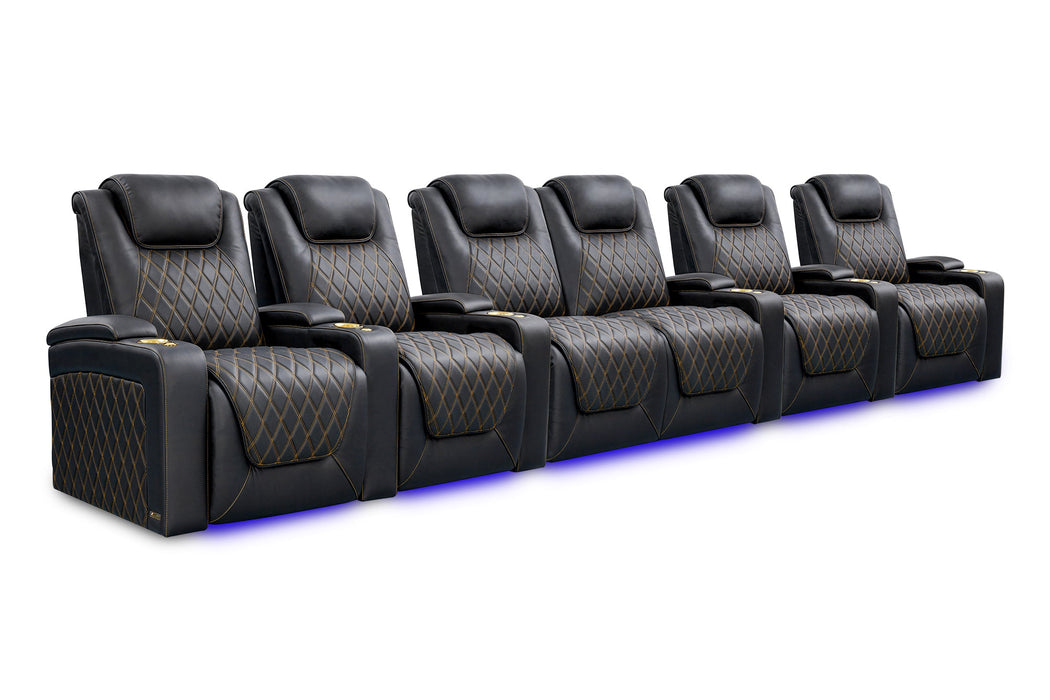 Valencia Oslo Ultimate Luxury Edition Home Theater Seating Valencia Theater Seating Onyx with Gold Stitching Row of 6 Loveseat Center | Width: 186" Height: 44.5" Depth: 38" 